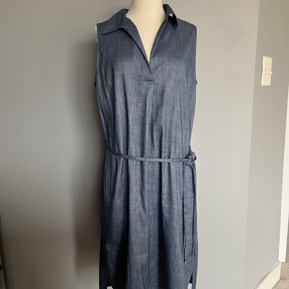 Lafayette 148 New York Blue Denim Pattern Rudy Linen Belted High Low Shift Dress - Picture 3 of 9